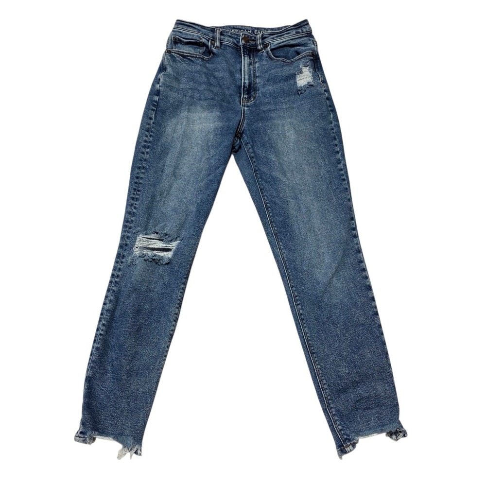 American Eagle Highest Rise Mom Jean Women 2 Blue Distressed Raw Hem Denim
